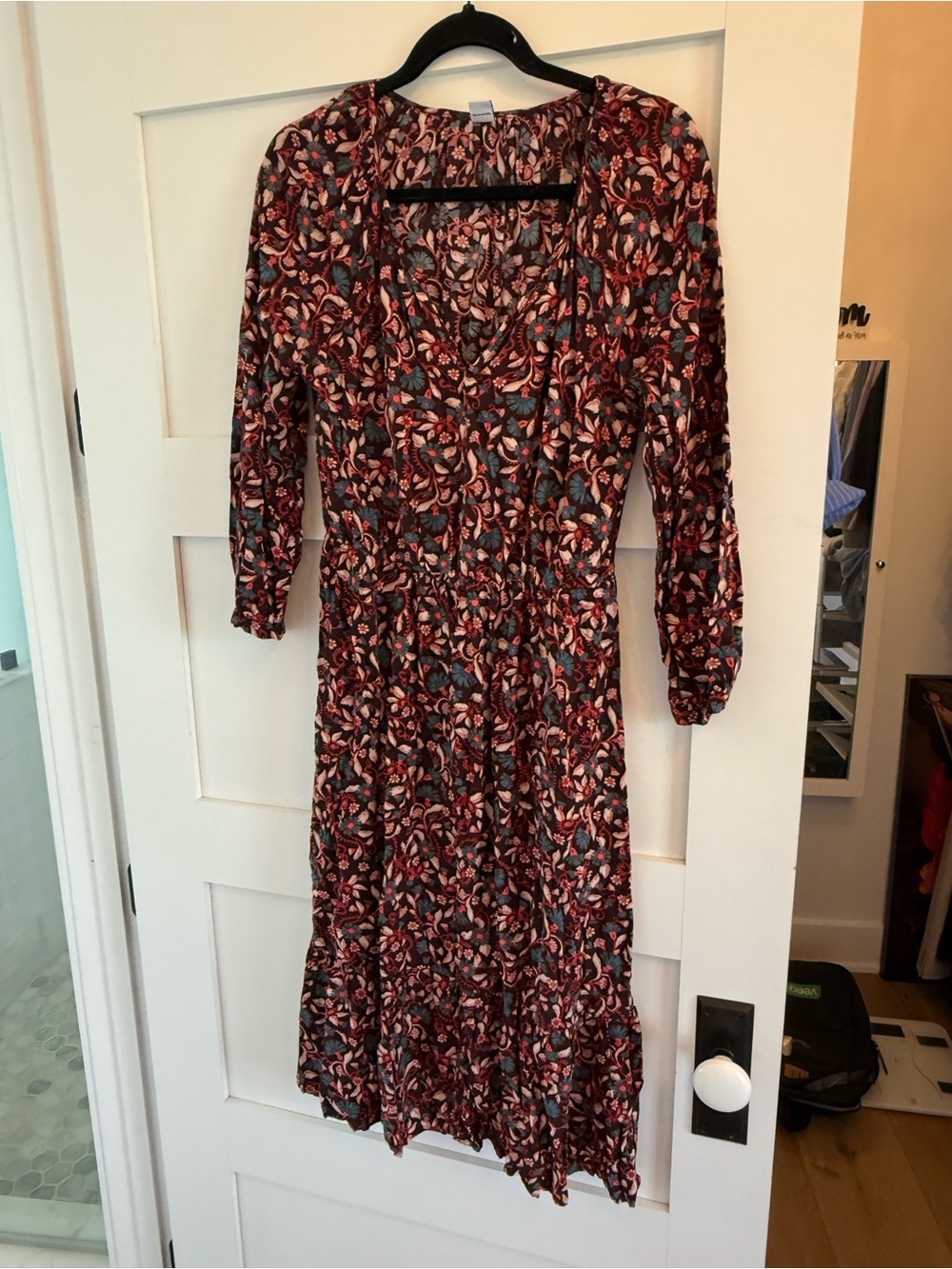 Old Navy Burgundy Floral V-Neck Long Sleeve Midi Dress